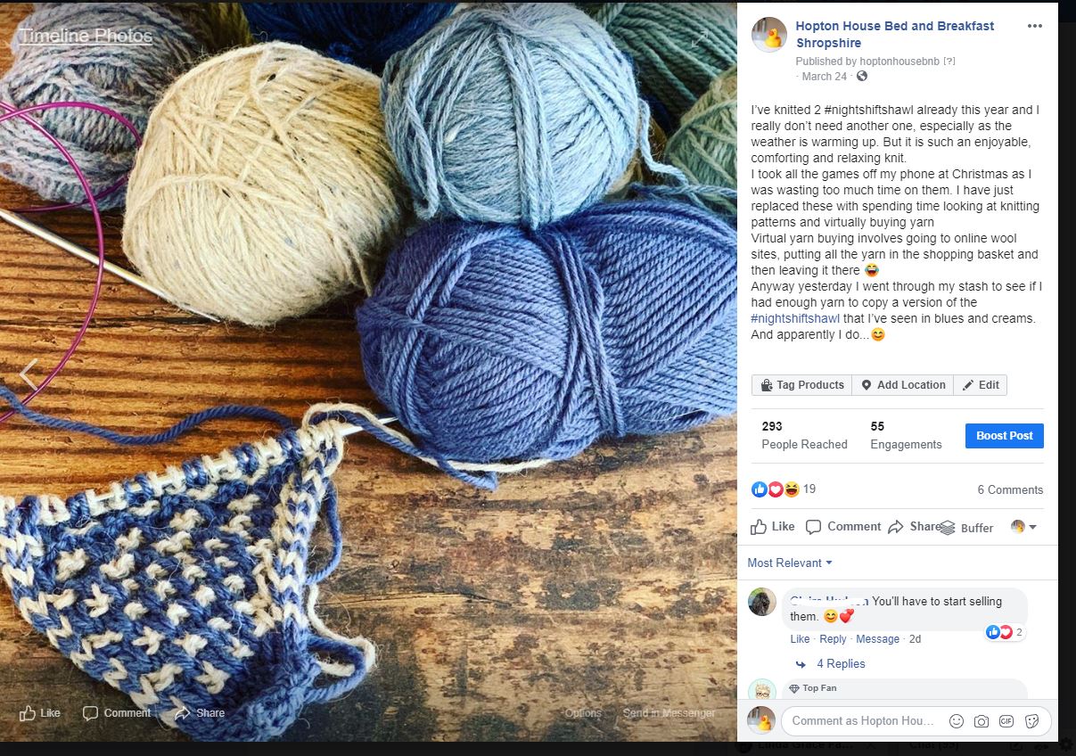 Facebook post of knitting 