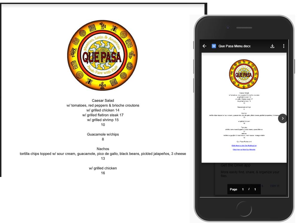 Screen shot of Online Menu and Mobile phone non-mobile friendly version