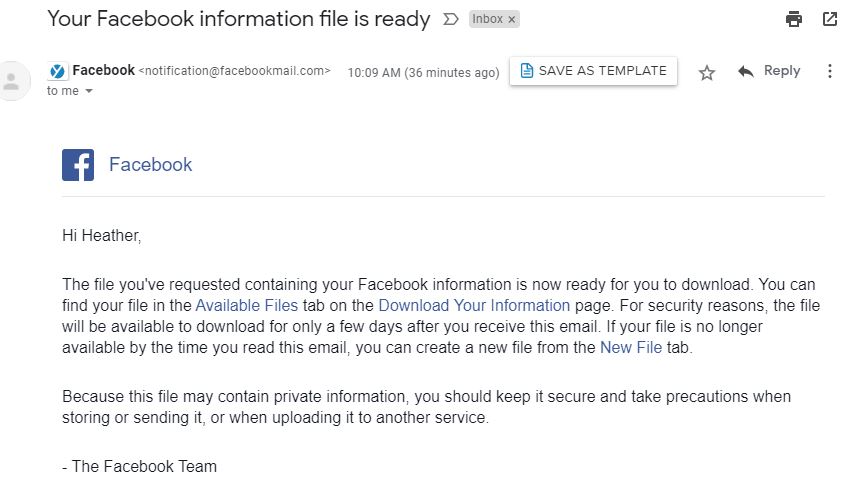 Email Screenshot of downloading and backing up information for Facebook