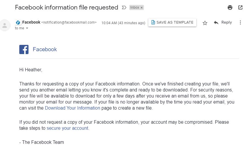 Email Screenshot of downloading and backing up information for Facebook