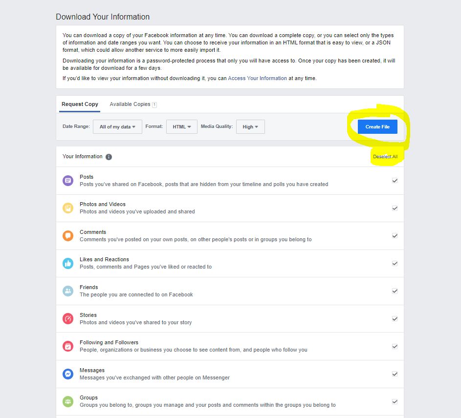 Facebook Screenshot of downloading and backing up information
