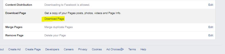 Facebook Screenshot of downloading and backing up information for Business Page