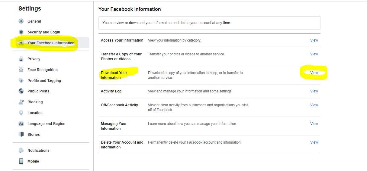 Facebook Screenshot of downloading and backing up information