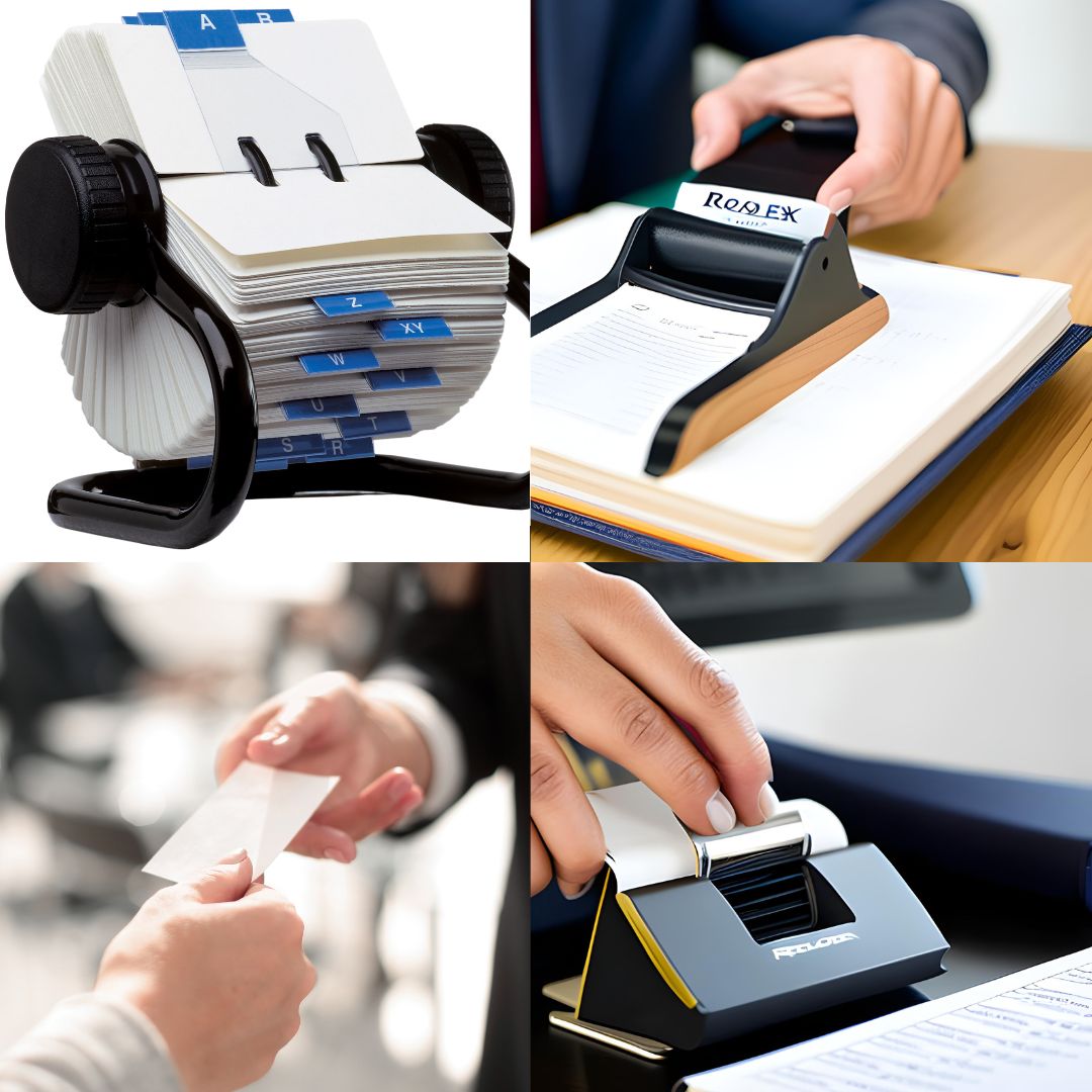 Photo collage of a rolodex, two AI generated images and someone handing another person a business card.
