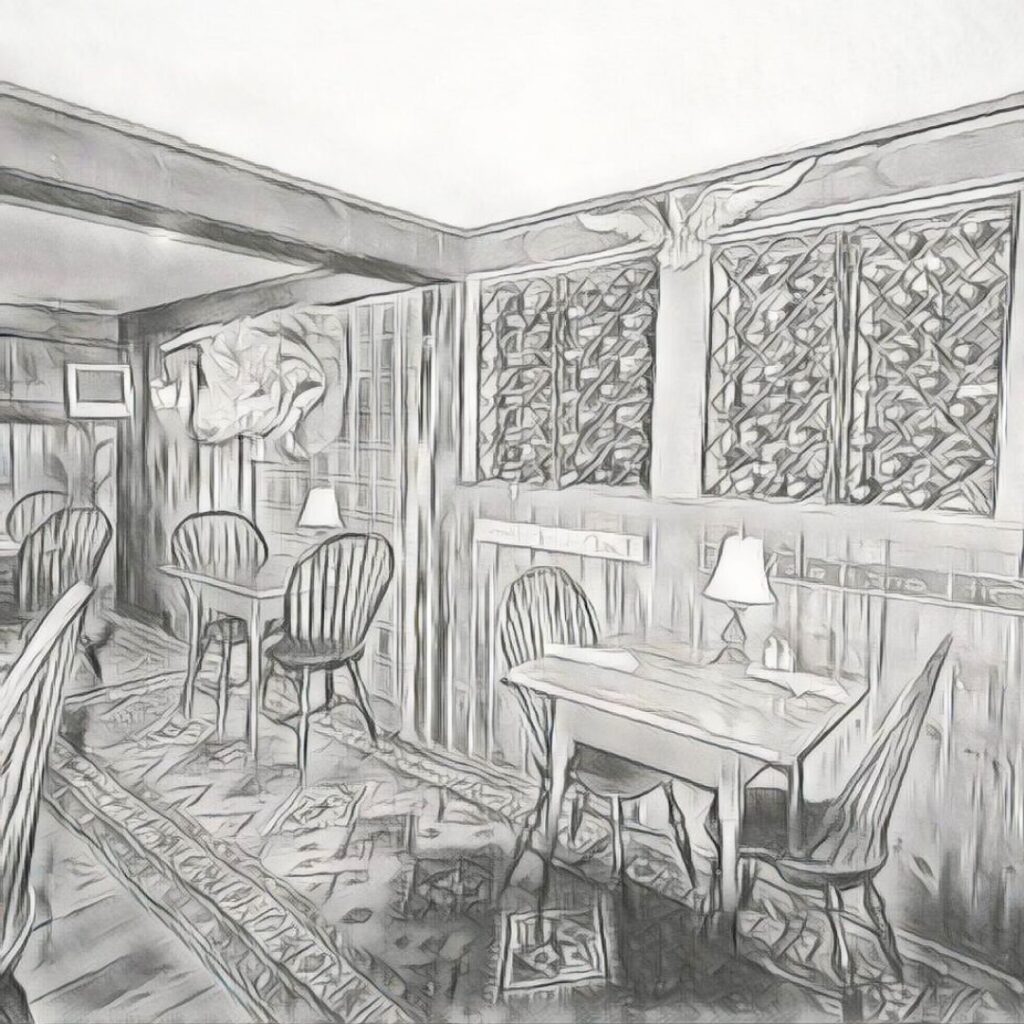 Line drawing of restaurant dining room