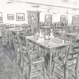 Line drawing of a table and chairs in a restaurant