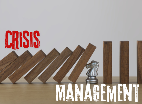 Image of blocks and a knight chess piece with the words crisis management on the image