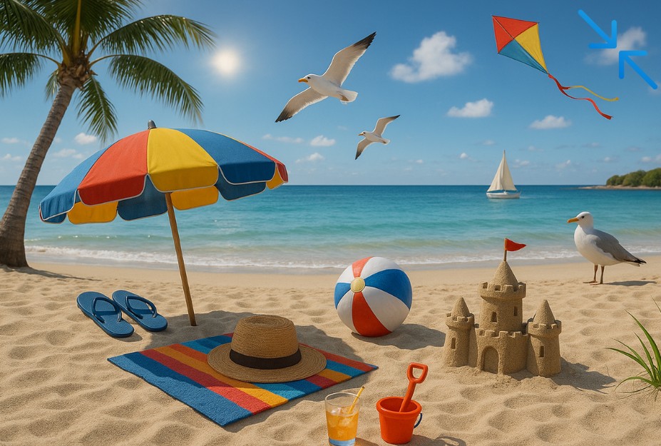 Beach with umbrella and beach toys