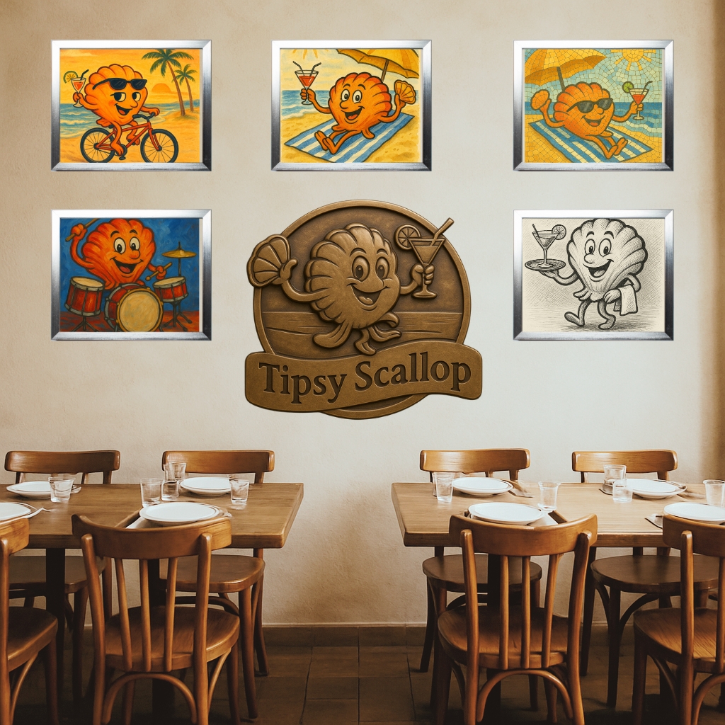 Image of a logo on a wall with artwork 